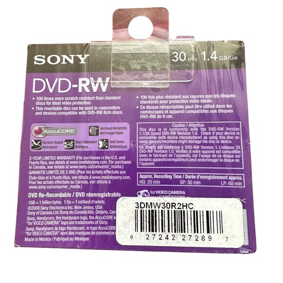 Sony Handycam DVD-RW 1.4GB 30-Min Single Sided 3 Pack Discs For Camcorder - Picture 2 of 3